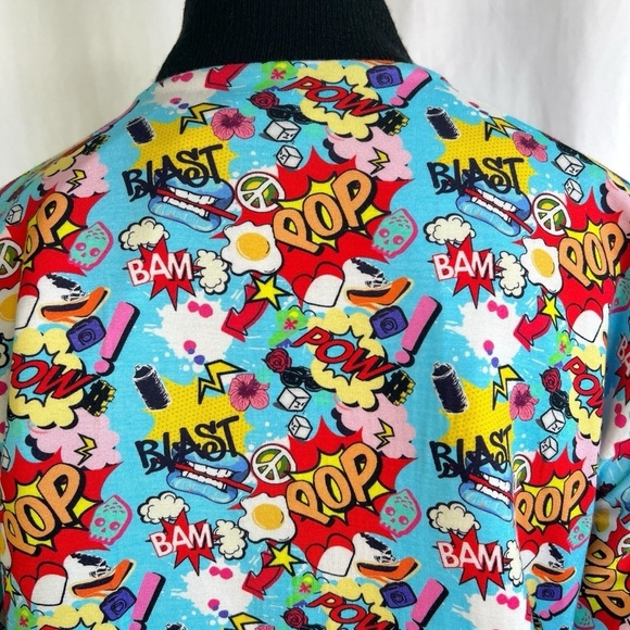 COMIC BOOK BOMBER JACKET CARTOON POW POP GRAPHIC BLUE RED MULTICOLOURED MEDIUM - Picture 7 of 12